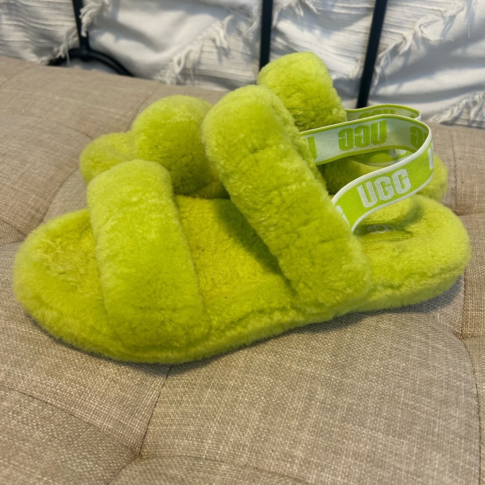 UGG Green Fluffy Slippers with Plush Comfort